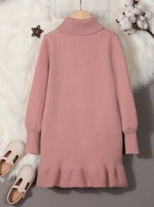 SHEIN 女童大童純色高領毛衣連身裙 - 粉色 - 查看 2