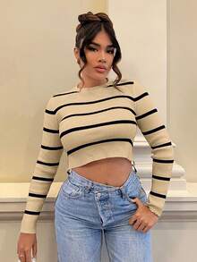 SHEIN SXY Backless Striped Cropped Sweater - Camel - View 3