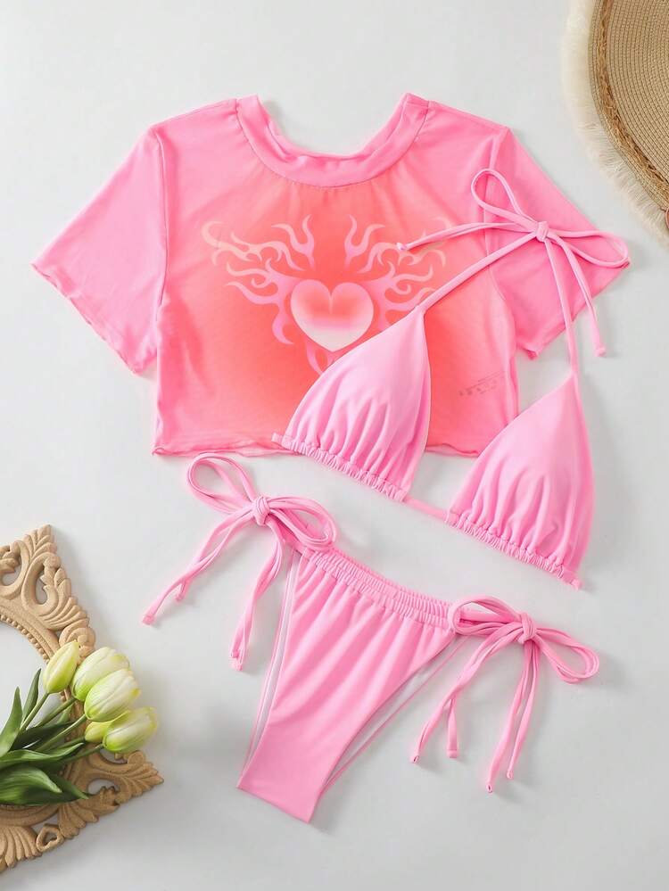 Heart Pattern Triangle Bikini Set And Cover-Up Summer Beach