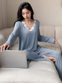 DAZY Lace Patchwork Long Sleeve Pajama Set - Baby Blue - View 5