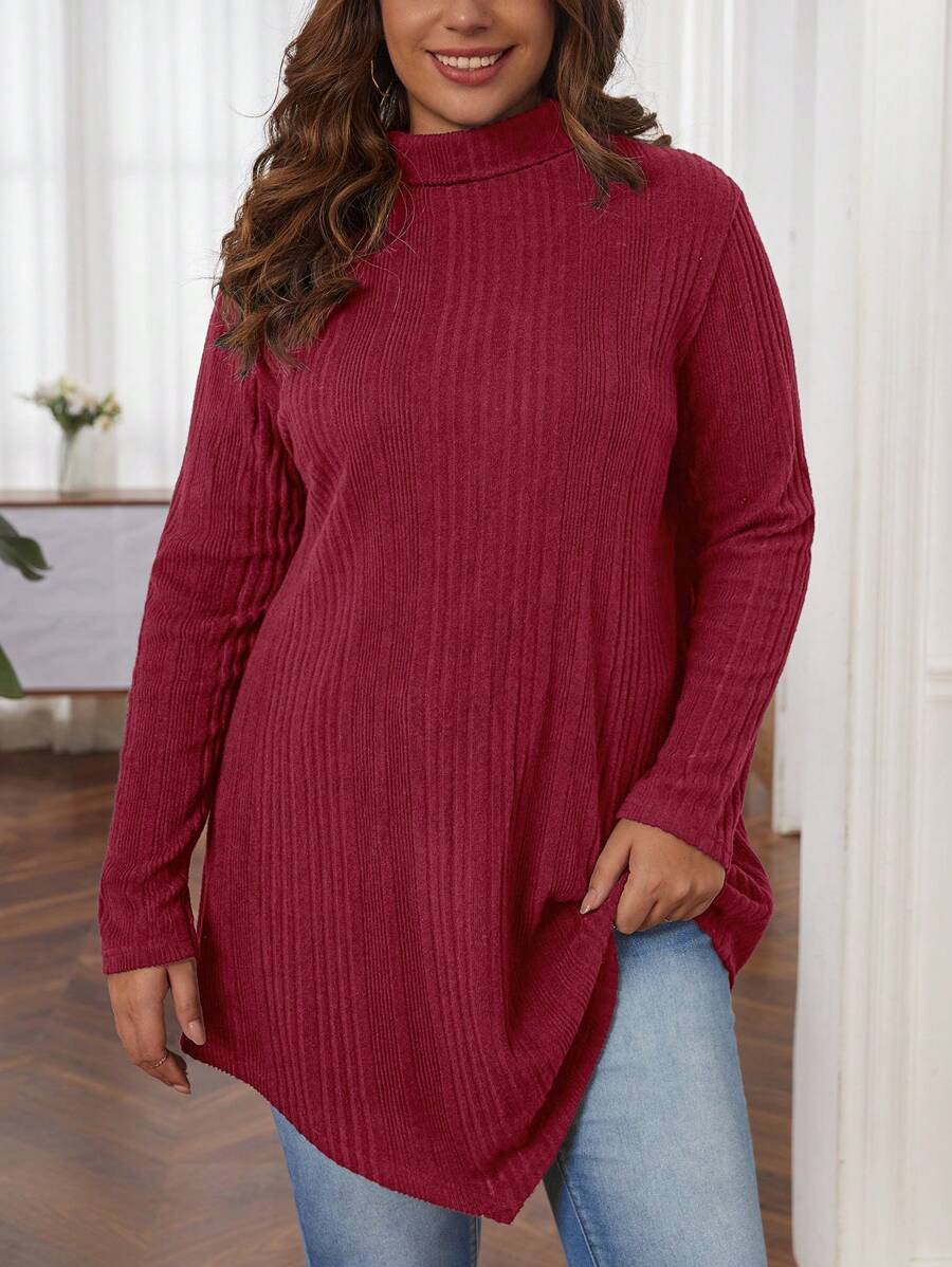 SHEIN LUNE Áo phông cổ cao cỡ lớn với đường viền bất đối xứng - Đỏ - Xem 1