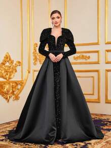 Faeriesty Đầm dự tiệc sang trọng tay dài bằng vải satin sequin tương phản - màu đen - Xem 1