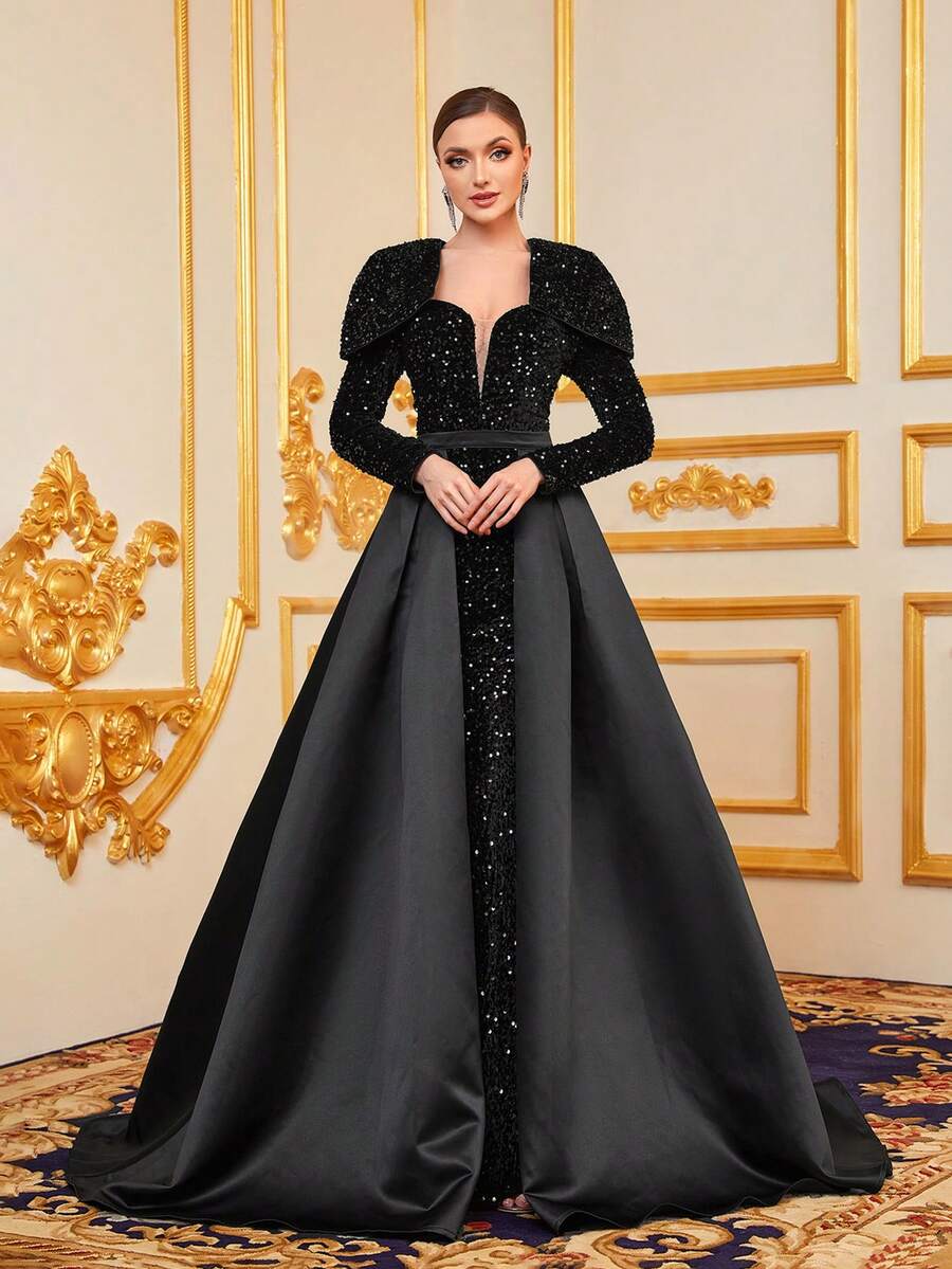 Faeriesty Đầm dự tiệc sang trọng tay dài bằng vải satin sequin tương phản - màu đen - Xem 1