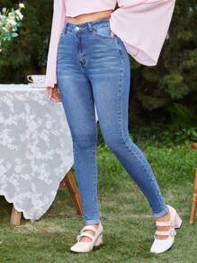 SHEIN Essnce Pantalones Vaqueros De Mezclilla Para Mujer De Cintura Alta Y Ajustados En Azul - Azul lavado oscuro - Ver 5