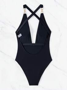 SHEIN Swim Women's Solid Color Crisscross Backless One-Piece Swimsuit Music Festival Summer - Black - View 5