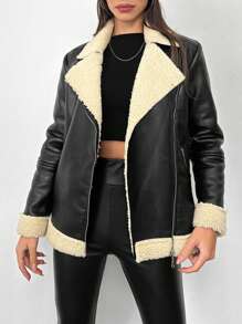 EURMUSE Lót Teddy Dây kéo Da nhìn Áo khoác moto - màu đen - Xem 4