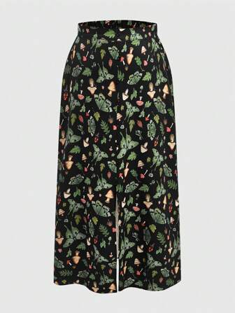 Fairycore Plus Size Mushroom And Plant Print Split Hem Skirt