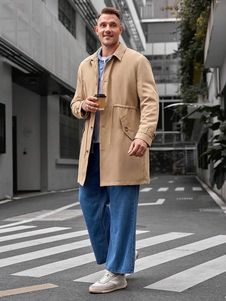 Men's Plus Size Single Breasted Drawstring Waist Trench Coat, For Fall Winter