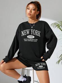 SHEIN EZwear 2 件/套字母印花運動衫和短褲套裝 - 黑色 - 查看 4