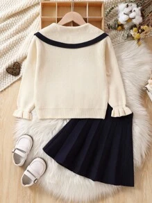 SHEIN 年轻女孩花卉刺绣彼得潘领毛衣和百褶裙套装 - 藍白色 - 查看 2