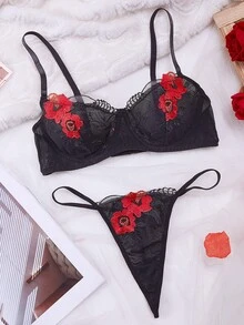 Lace Floral Embroidered Sexy Lingerie Set - Multicolor - View 3