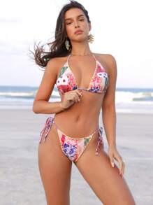 SHEIN Swim Paisley Print Knot Side Bikini Set Summer - Multicolor - View 3