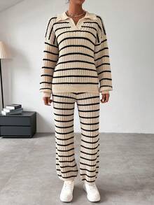 SHEIN Frenchy Women's Striped Drop Shoulder Sweater 2pcs/set - Apricot - View 7