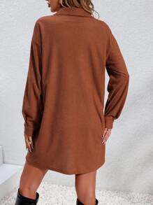 SHEIN LUNE Ladies' Half-button Placket Dress - Coffee Brown - View 2