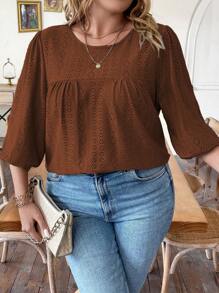 SHEIN LUNE Plus Size Women'S Puff Sleeve T-Shirt - Brown - View 5