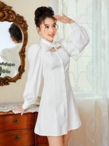 SHEIN Thiếu niên Cô gái Dệt Màu thuần Xu hướng: Cắt giảm Đứng cổ áo Đầm - trắng - Xem 6