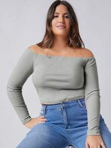 SHEIN BASICS 女款純色露肩長袖 T 卹 - 灰色 - 查看 3