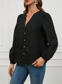 GENKIRA Random Embroidered Long Sleeve Women's Shirt Fall Cloth For Women - Black - View 4