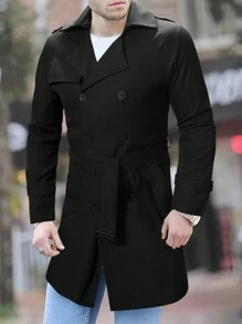 Manfinity Homme Men'S Lapel Collar Double Breasted Belted Trench Coat - Black - View 1