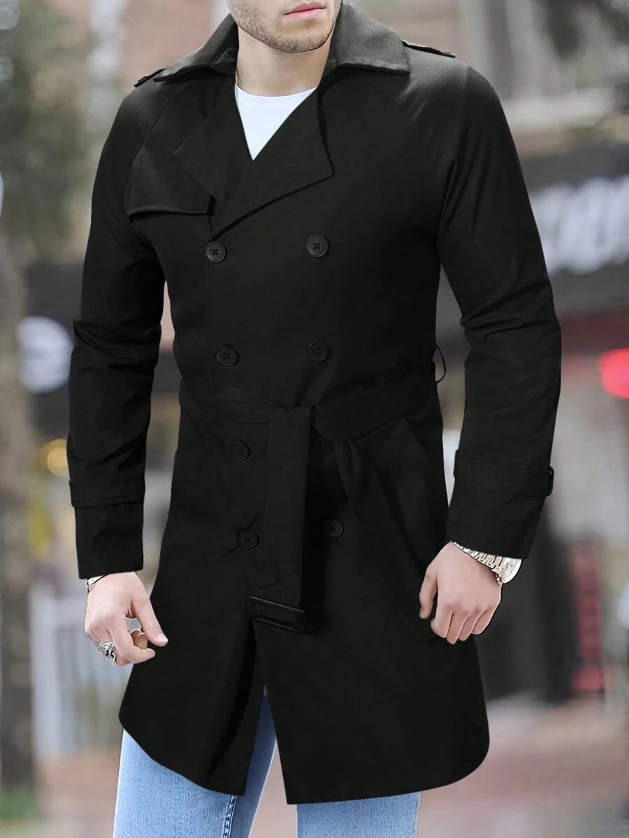 Manfinity Homme Men'S Lapel Collar Double Breasted Belted Trench Coat - Black - View 1