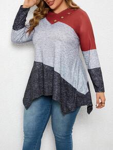 Camiseta de manga larga con bloque de color y bajo asimétrico para mujer talla grande - Multicolor - Ver 6