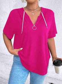 SHEIN LUNE 女款大尺寸拉鍊 V 領短袖 T 卹,附抽繩兜帽 - 玫紅色 - 查看 5