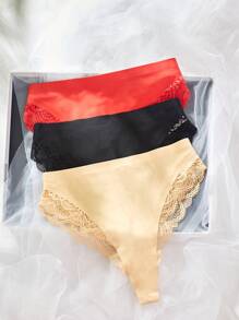 3pcs Solid Color Lace Splicing Triangle Panties Lingerie