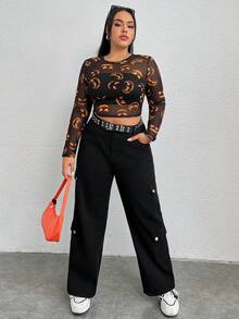 SHEIN EZwear Women's Plus Size Cartoon Pattern Round Neck Sheer Mesh Top - Black - View 6