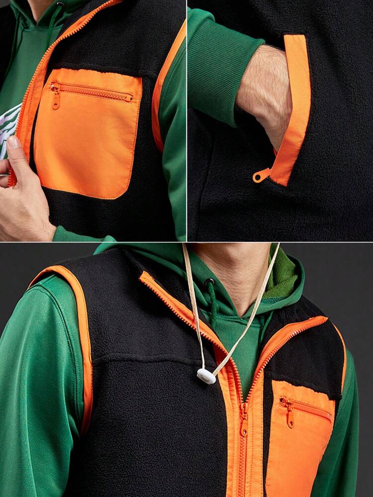 Men Contrast Trim Zip Up Vest Coat