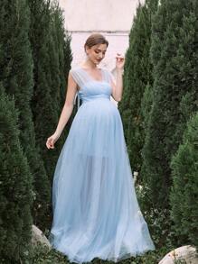 Maternity Solid Color Mesh Dress Elegant Gown For Evening Party - Baby Blue - View 5