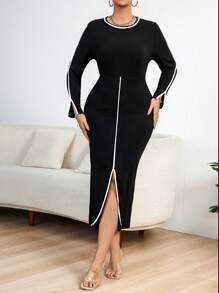 Celure 大尺碼拼接邊緣開叉下擺洋裝 - 黑色 - 查看 4