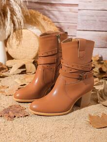 Styleloop 鉚釘時尚靴子 - 駝色 - 查看 5