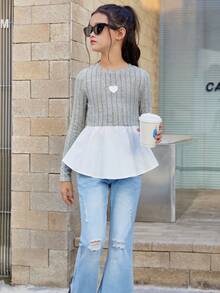 Tween Girls' Casual Round Neck Color Block & Patchwork Long Sleeve T-Shirt - Multicolor - View 4