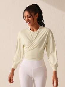 SHEIN Sports Women's Solid Color Round Neck Wrap Front Pleated Athletic Sweatshirt - Apricot - View 6