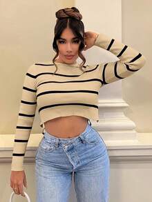 SHEIN SXY Backless Striped Cropped Sweater - Camel - View 5