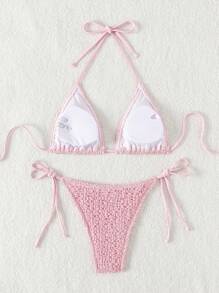 SHEIN Swim Halter Triangle Cup Separated Bikini Set Summer Beach - Pink - View 7