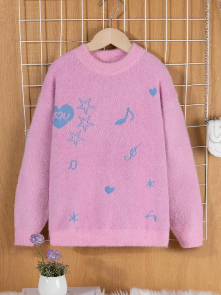Tween Girls Plush Sweater With Heart & Star Pattern