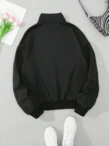 SHEIN EZwear 大尺碼純色立領抓絨衛衣 - 黑色 - 查看 2