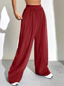 SHEIN Unity Pantalones De Piernas Anchas De Color Sólido Para Mujer - Rojo - Ver 1