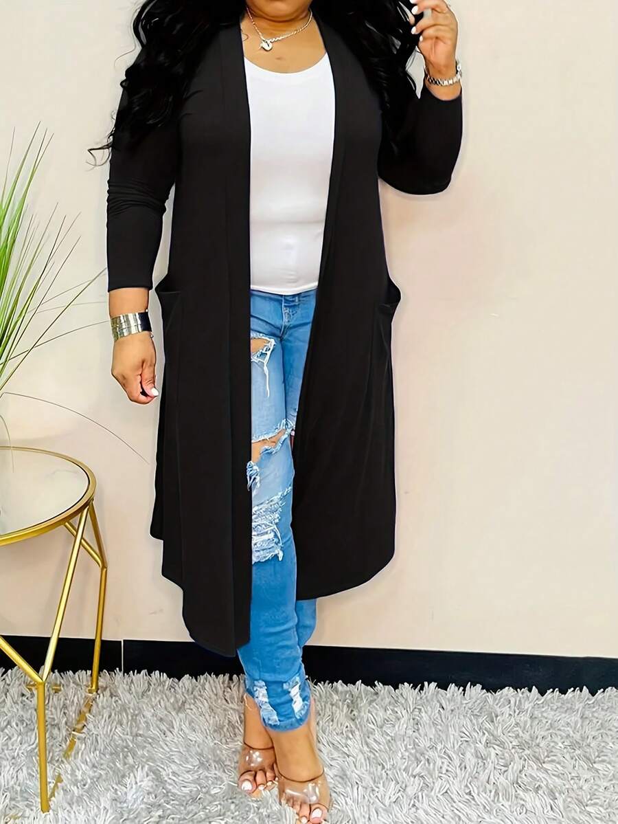 Plus Size Solid Color Front Open Bomber Jacket With Pockets
