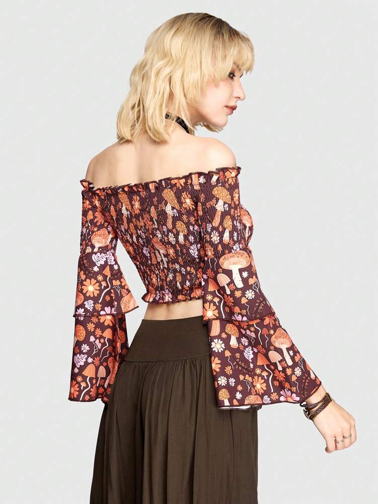 Mushroom And Flower Pattern Blouse With Flare Sleeves, Crop Top