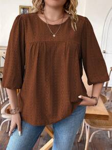 SHEIN LUNE Plus Size Women'S Puff Sleeve T-Shirt - Brown - View 6