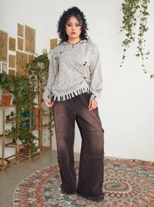 ROMWE PUNK Plus Size Marble Knit Button Decorated Sweater - Multicolor - View 5