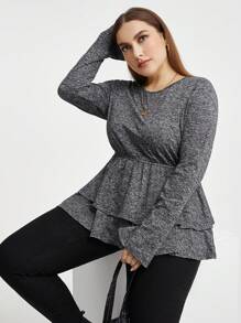 SHEIN Essnce 加大碼女款圓領t恤,襯托荷葉邊緣 - 深灰色 - 查看 1