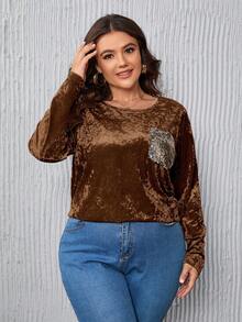 SHEIN LUNE Plus Size Women's Sequin Pocket Velvet T-shirt - Brown - View 3