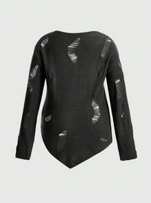 ROMWE PUNK Plus 1pc Ripped Drop Shoulder Sweater - Dark Grey - View 2