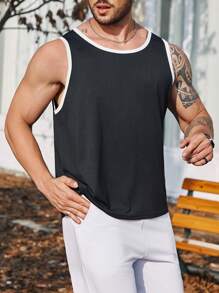 SHEIN Manfinity Homme 男士大尺碼對比邊飾背心 - 黑色 - 查看 5