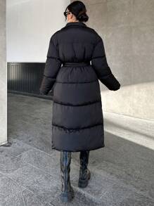 EURMUSE Drop Shoulder Belted Padded Jacket - Black - View 2