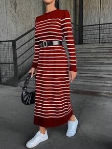 Cloudara Striped Long Sleeve Round Neck Sweater Dress - Red - View 6
