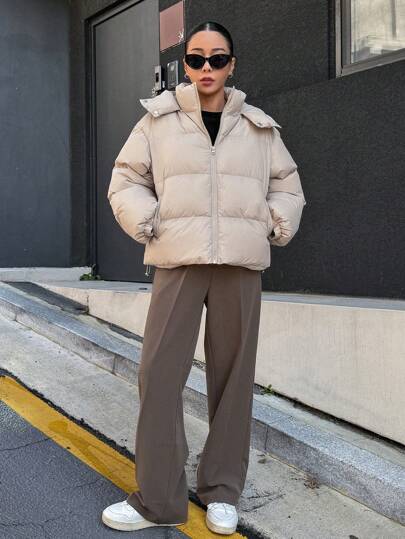DAZY 口袋侧拉链连帽棉服外套，冬季女装，棉服女式夹克